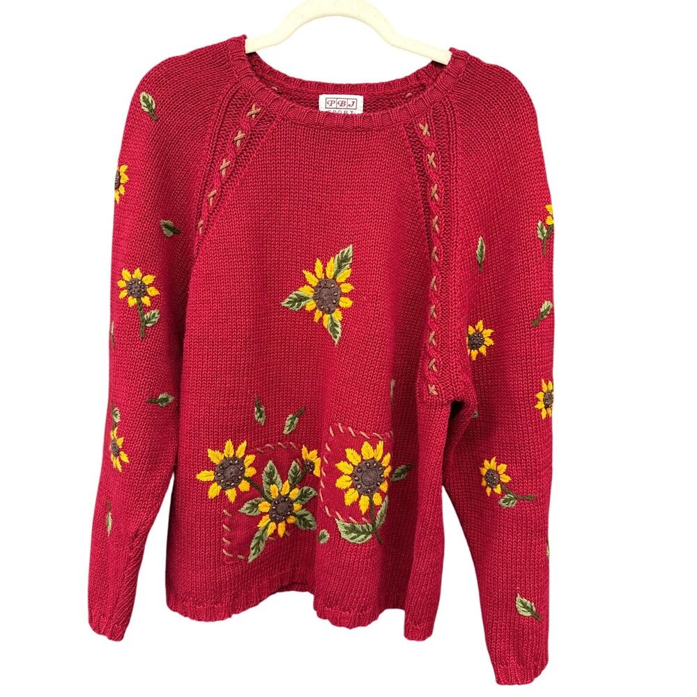 PBJ Vintage Red Sunflower Crotchet Knit Sweater Large Cottage  Meadow Fairy